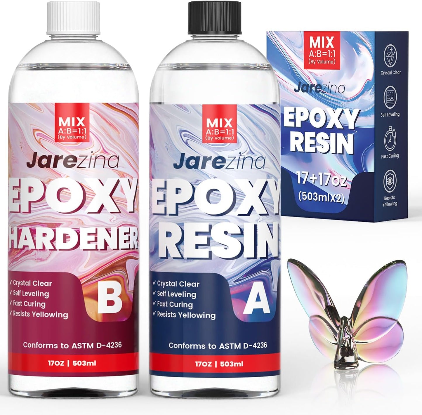 Jarezina 34OZ Epoxy Resin Kit,Crystal Clear Epoxy Resin -Strong and No Bubble,Not Yellowing Art Resin,Self Leveling Easy Mix 1:1,Suitable for Art Casting,DIY,Jewelry Projects, Christmas DIY Gift