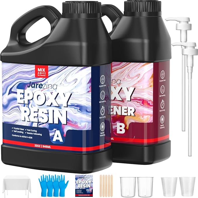 Jarezina 64OZ Epoxy Resin Kit,Crystal Clear Epoxy Resin -Strong and No Bubble,Not Yellowing Art Resin,Self Leveling Easy Mix 1:1,Suitable for Art Casting,DIY,Jewelry Projects, Christmas DIY Gift