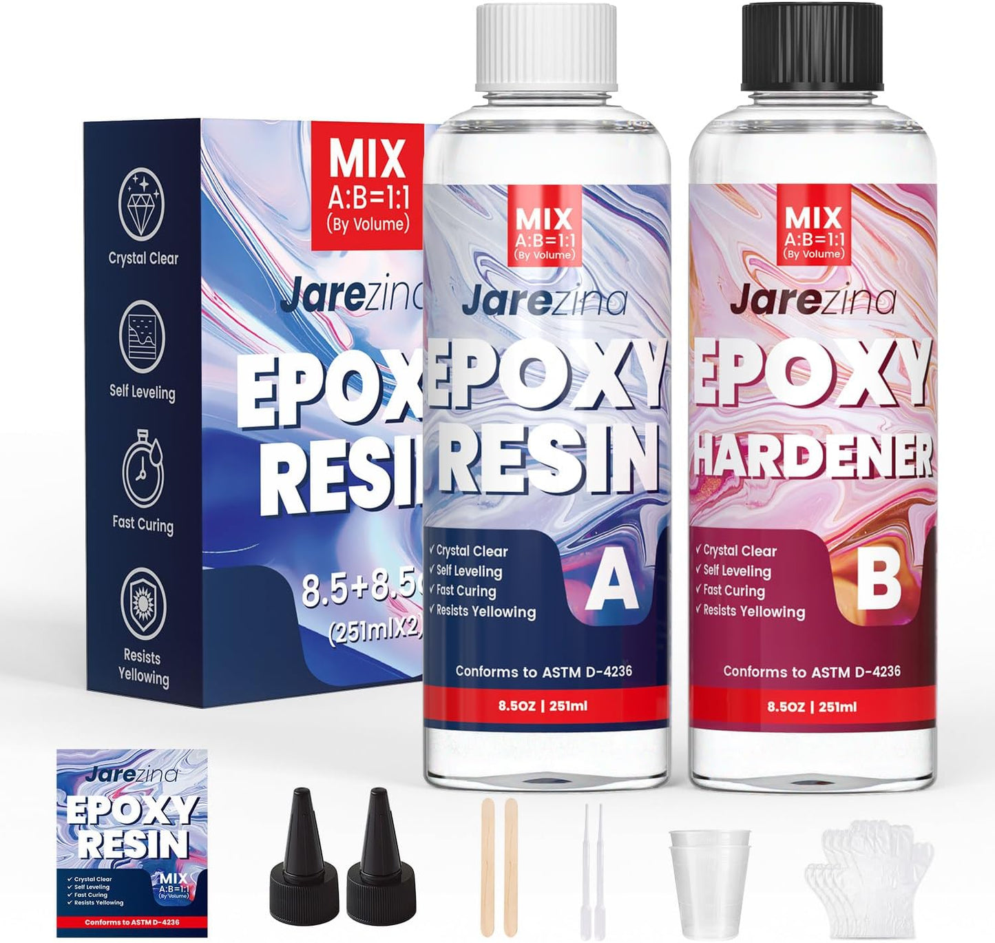 Jarezina 17OZ Epoxy Resin Kit,Crystal Clear Epoxy Resin -Strong and No Bubble,Not Yellowing Art Resin,Self Leveling Easy Mix 1:1,Suitable for Art Casting,DIY,Jewelry Projects, Christmas DIY Gift