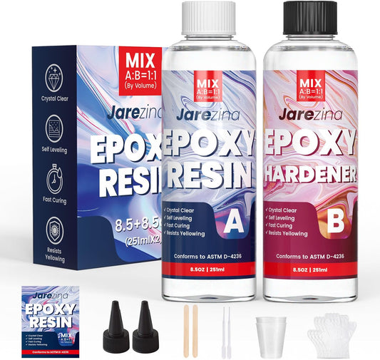 Jarezina 17OZ Epoxy Resin Kit,Crystal Clear Epoxy Resin -Strong and No Bubble,Not Yellowing Art Resin,Self Leveling Easy Mix 1:1,Suitable for Art Casting,DIY,Jewelry Projects, Christmas DIY Gift