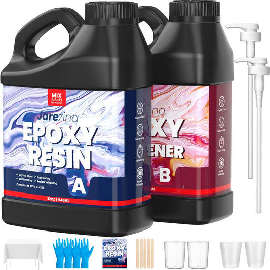 Jarezina 64oz Epoxy Resin Kit,Crystal Clear Epoxy Resin -Strong and No Bubble,Not Yellowing Art Resin,Self Leveling Easy Mix 1:1,Suitable for Art Casting,DIY,Jewelry Projects, Christmas DIY Gift