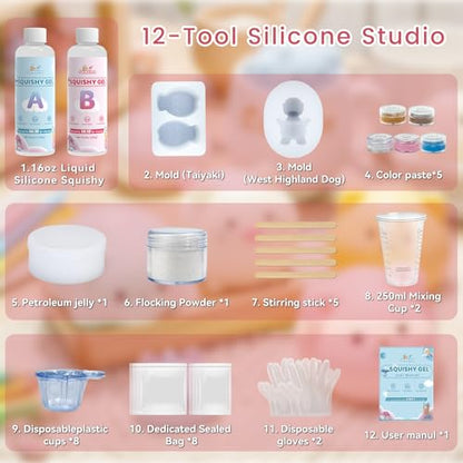 12 Pcs Taba Squishy Kit,Liquid Silicone for Squishy Maker with Guided