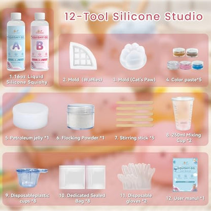 12 Pcs Taba Squishy Kit,Liquid Silicone for Squishy Maker with Guided,Waffles & Cat's Paw Mold