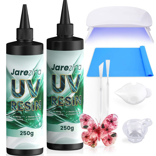 UV Resin with Light,Upgraded 500g Crystal Clear,Low Odor,Fast Cure& Hard Type UV Resin Kit,