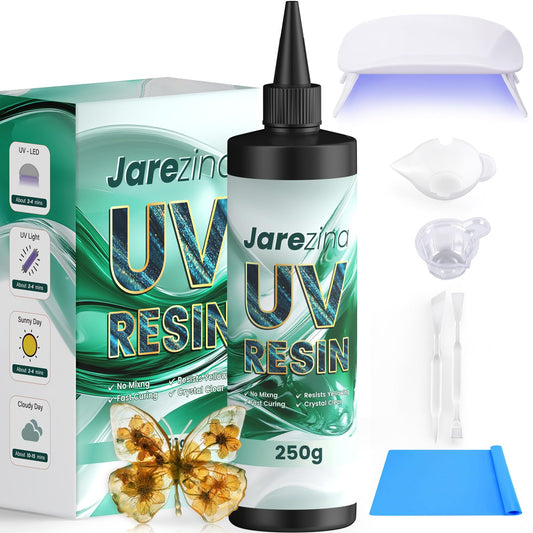 UV Resin with Light,Upgraded 250g Crystal Clear,Low Odor,Fast Cure& Hard Type UV Resin Kit,Silicone Mat